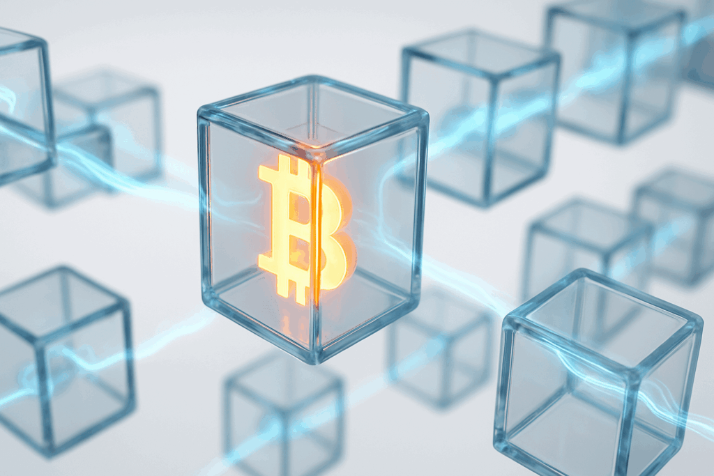 A realistic animation of a glowing Bitcoin symbol seamlessly flowing through a futuristic blocks