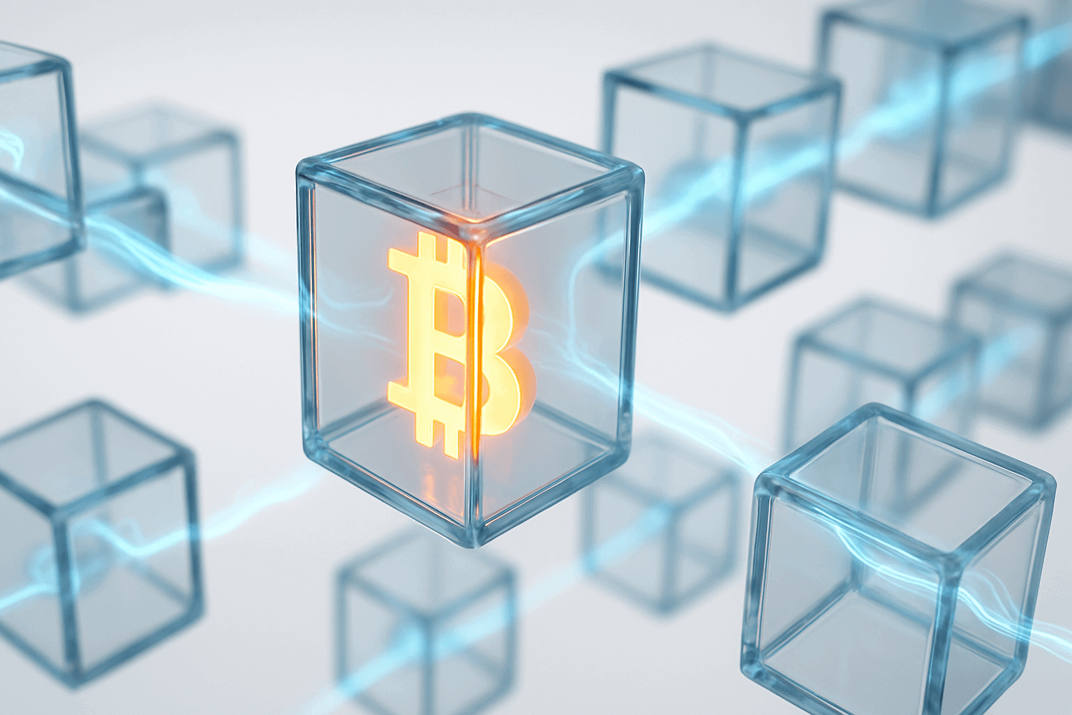 A realistic animation of a glowing Bitcoin symbol seamlessly flowing through a futuristic blocks